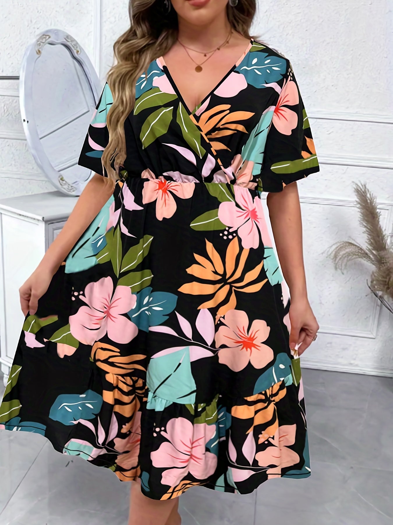 Floral Print Surplice Neck Dress