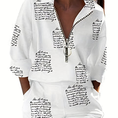 Letter Print Two piece Set Zip Up Top & Shorts Outfits