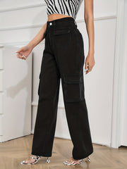 Flap Pockets Straight Jeans Loose Fit Non Stretch Cargo Denim Pants