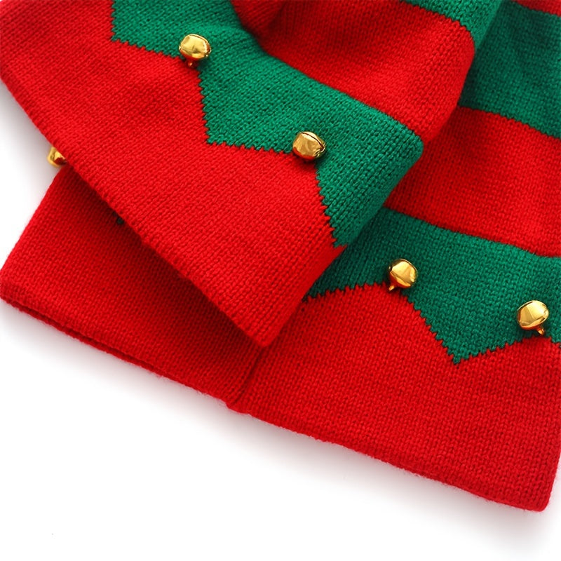 Christmas Knitted Elf Hat With Small Bells Striped Beanie Hat