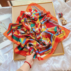 Graphic Bandana Block Silk Scarf Casual Shawl Head Wrap