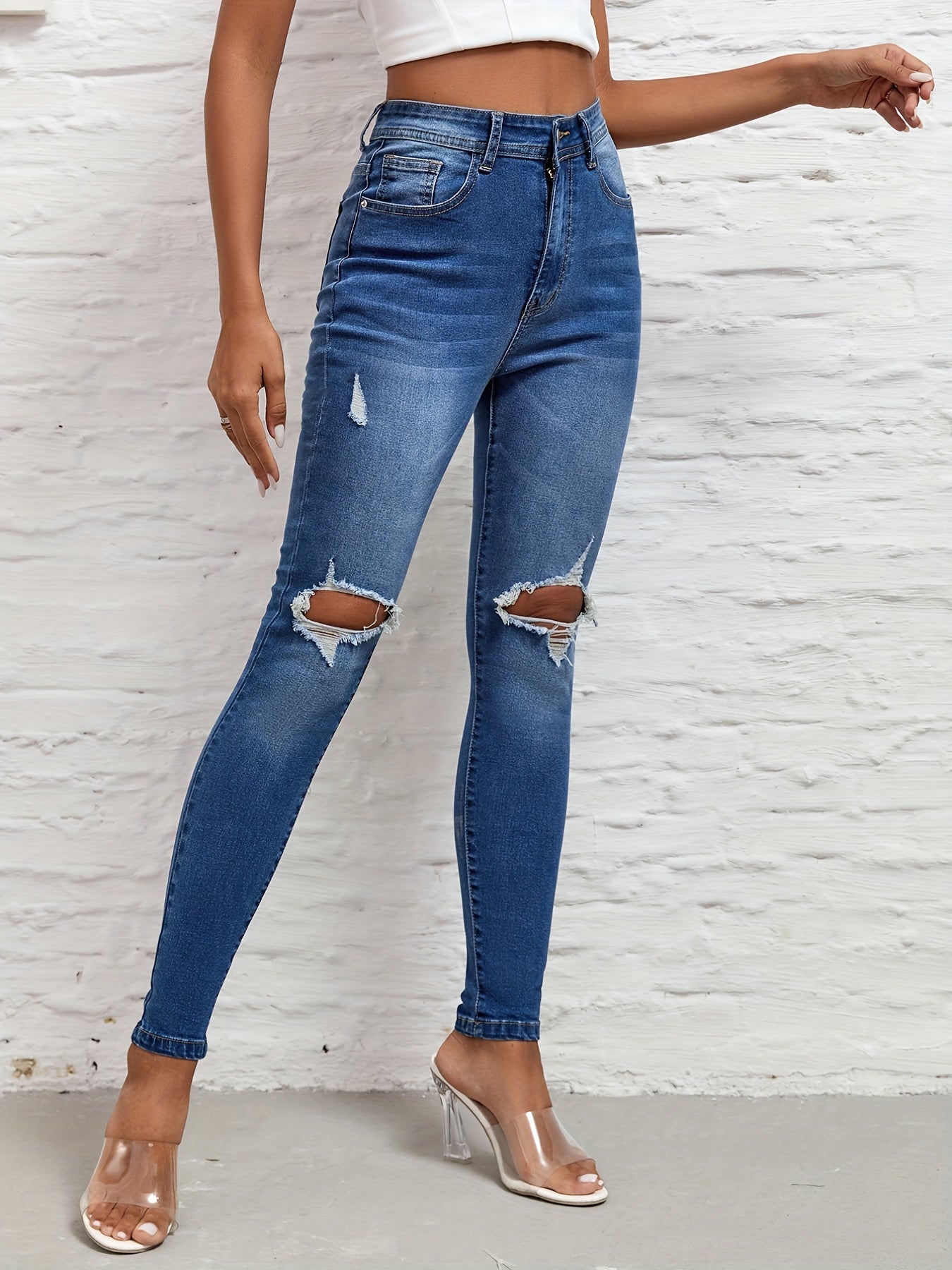 Ripped Knee Cut Skinny Jeans High Rise Distressed Denim Pants
