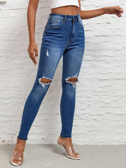 Ripped Knee Cut Skinny Jeans High Rise Distressed Denim Pants