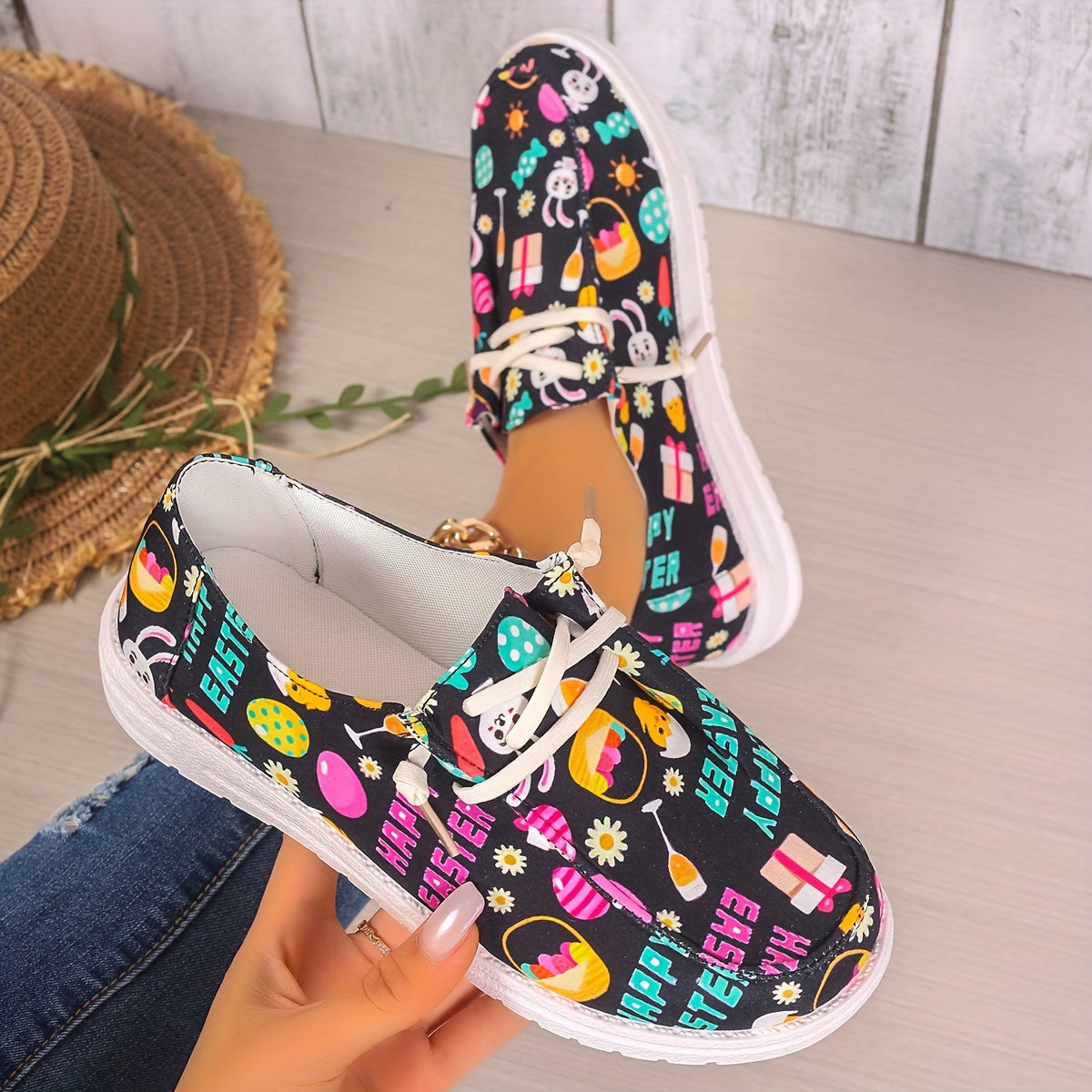 Women's Easter Eggs & Cartoon Rabbit Print Boat Shoes Low Casual Flats Low