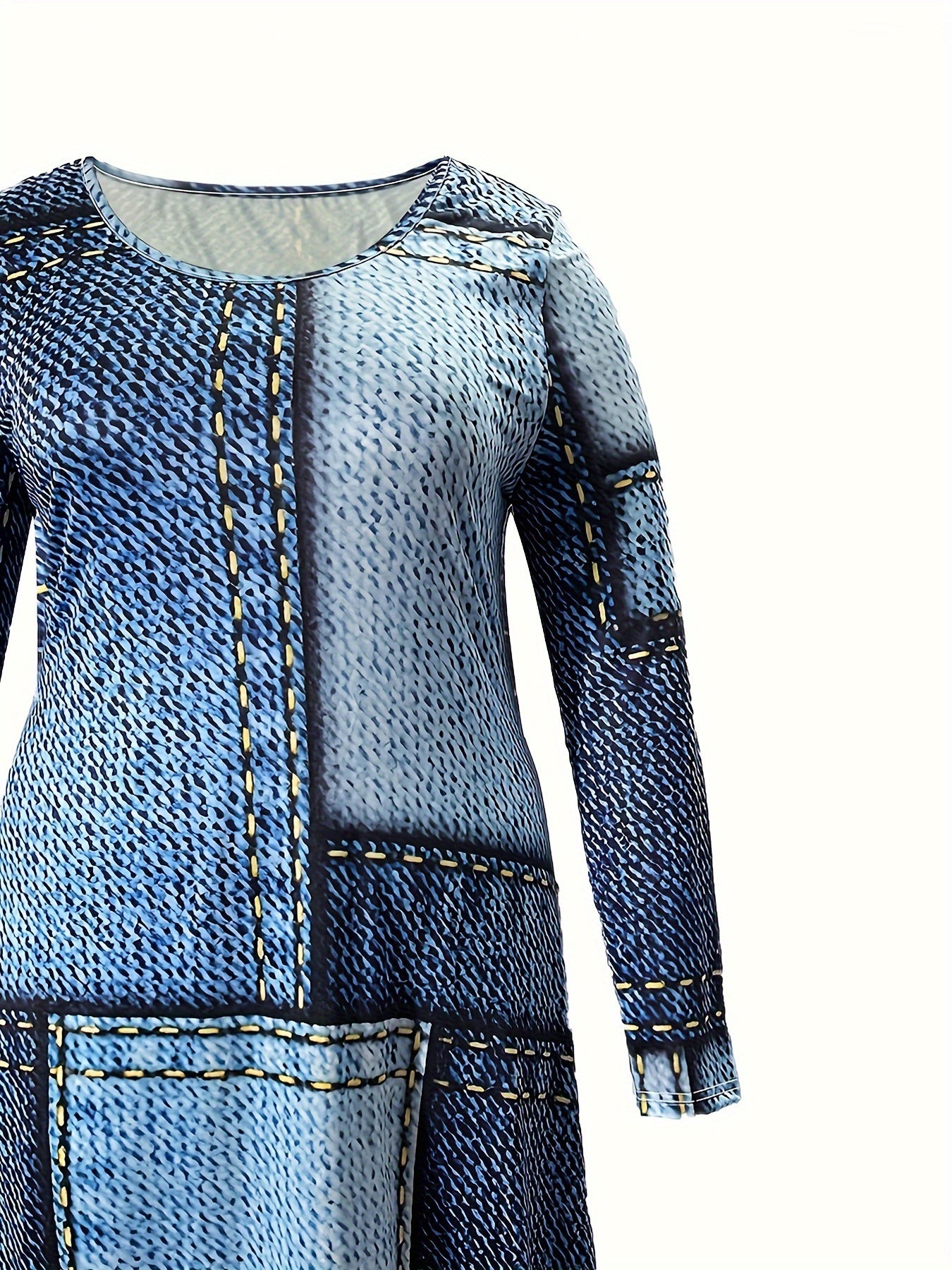 Women's Plus Faux Denim Print Long Sleeve Top & Leggings Set