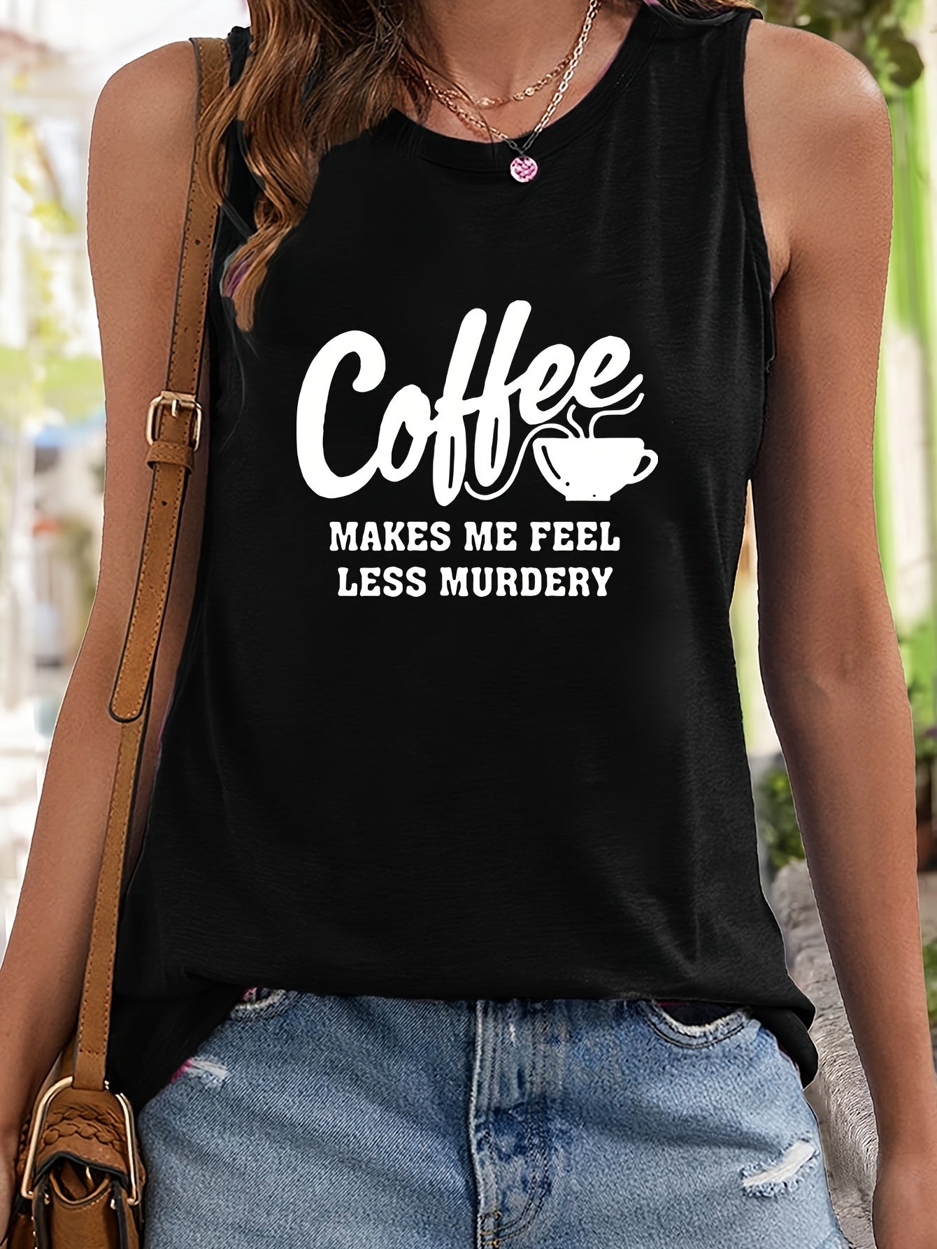 Coffee Print Sleeveless Sports Vest Round Neck Stretchy Casual Tops
