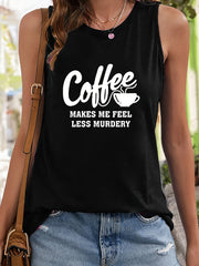 Coffee Print Sleeveless Sports Vest Round Neck Stretchy Casual Tops