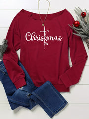 Christmas Print Pullover Sweatshirt Casual Long Sleeve Off Shoulder Sweatshirt