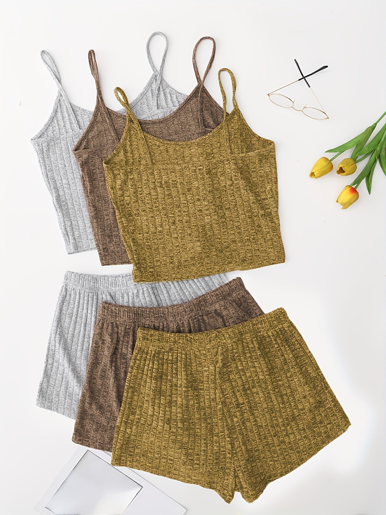 6 Pack Plus Size Basic Pajama Set Women's Plus Ribbed Knit Cami Top & Shorts