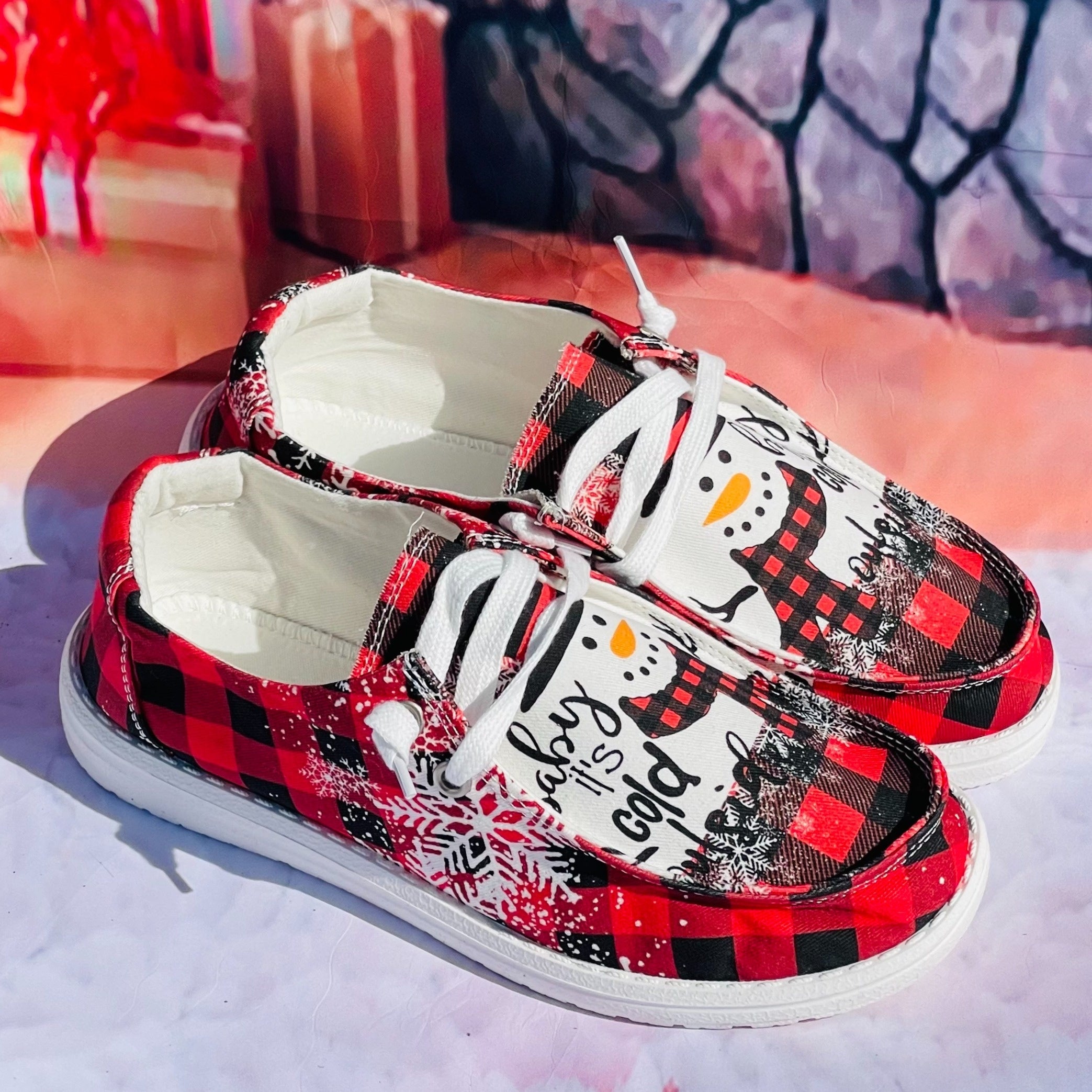 Women's Christmas Snowman & Red Checkered Print Skateboard Shoes