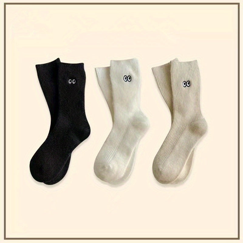 3 Pairs Cartoon Eyes Embroidery Socks Warm & Floor Socks Women's Stockings