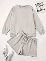 Textured Long Sleeve Top & Tie Waist Shorts Set
