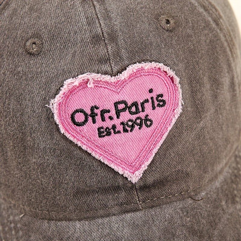 Paris Embroidery Baseball Cap Gray Heart Patch Distressed Dad Hat