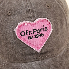 Paris Embroidery Baseball Cap Gray Heart Patch Distressed Dad Hat