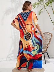 Abstract Print Batwing Sleeve V Neck Kaftan Beach Cover Up Dress