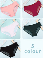 5pcs Lace Stitching Briefs Comfy & Breathable Semi-sheer Panties