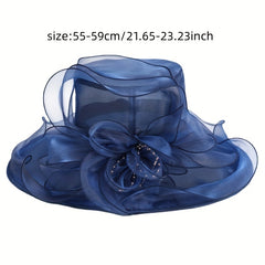 Wide Brim Organza Sun Hat Mesh Breathable Derby Church Hat Flower Decor