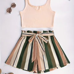 Spring & Summer Two piece Set Tank Top & Striped Print Shorts