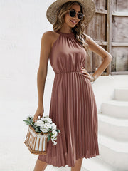 Pleated Sleeveless Dress Solid Cinched Waist Dress