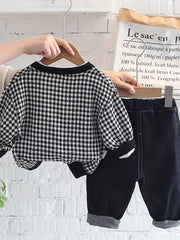 Boys Casual Outfit Long Sleeve T Shirt & Jeans Pants & Cardigan Coat