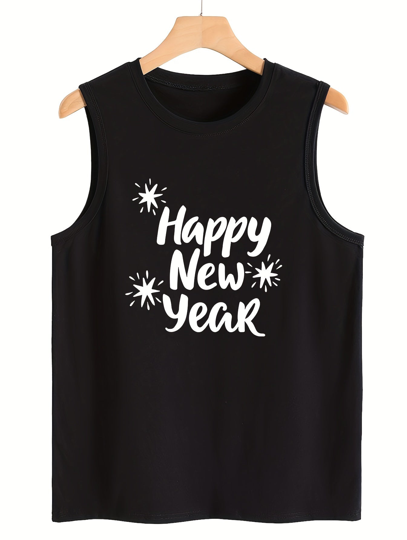 Happy Year Letter Print Sleeveless Sports Vest Round Neck Stretchy Casual Tops