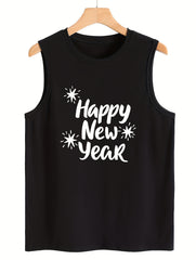 Happy Year Letter Print Sleeveless Sports Vest Round Neck Stretchy Casual Tops