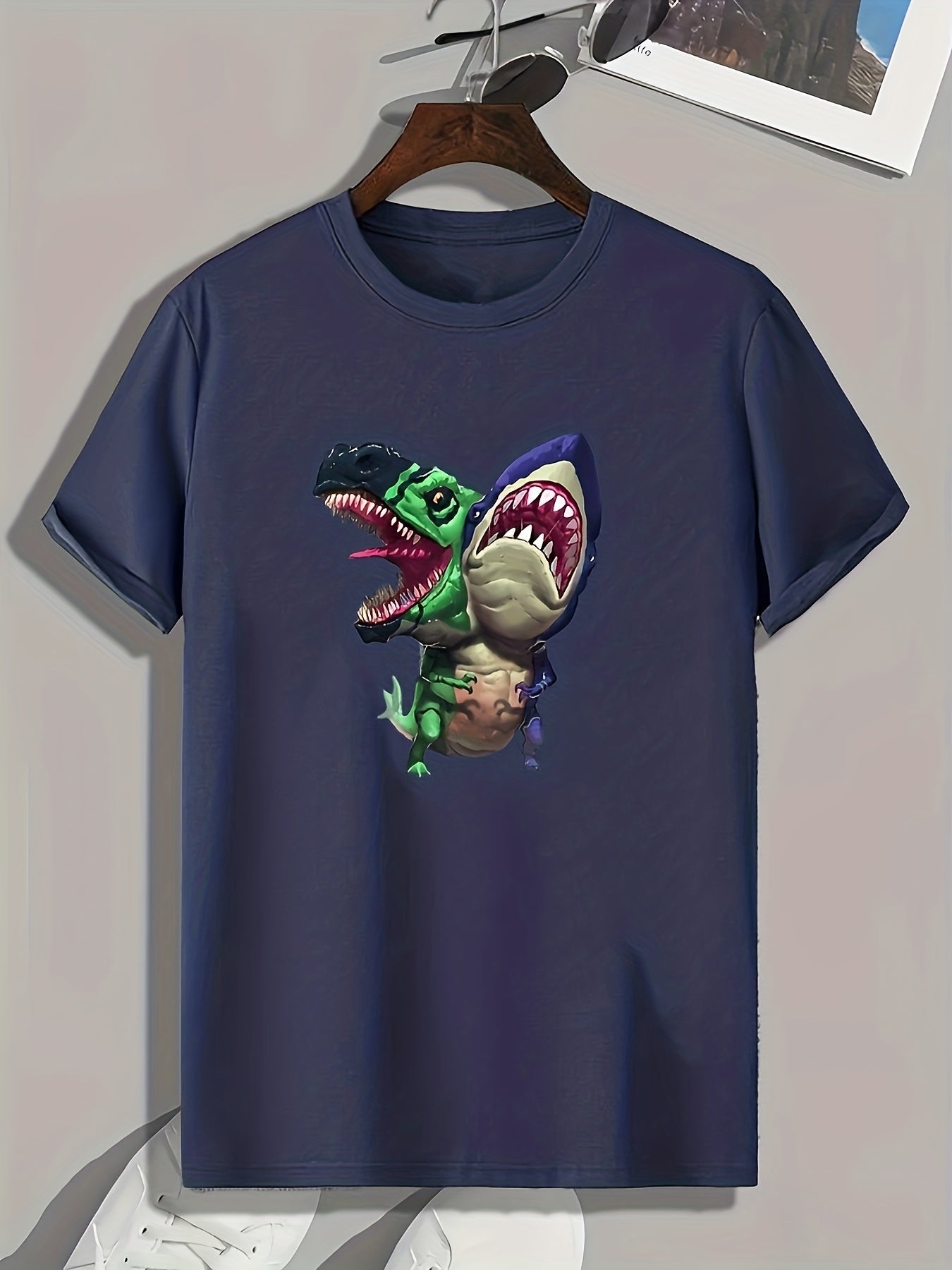 Dino & Shark Print Men's Graphic Tee Summer Casual T-shirt