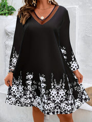 Women's V-Neck Floral Print Mesh Long Sleeve Dress