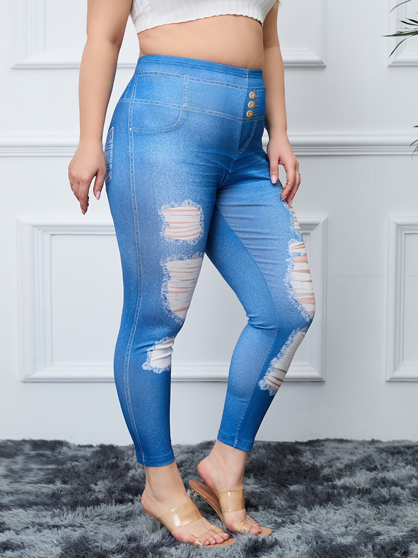Ripped & Denim Print High Rise Skinny Leggings Women's Plus