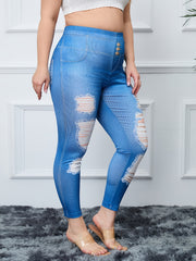 Ripped & Denim Print High Rise Skinny Leggings Women's Plus