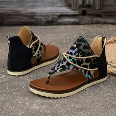 Leopard Print Toe Woven Flat Sandals Women's Back Zipper Summer Sandals