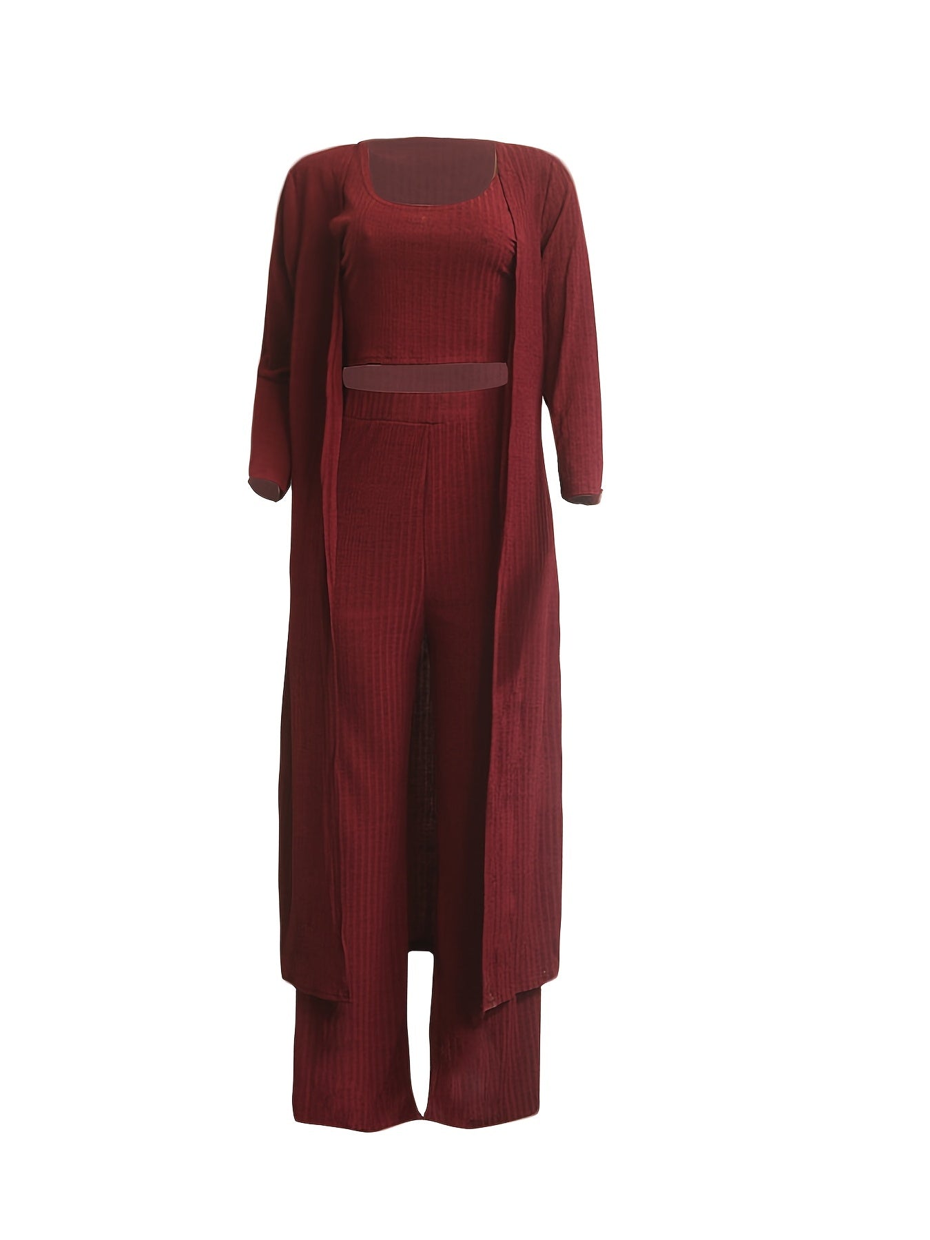 Ribbed Tank Top & Pants & Cardigan Set High Stretch Outfit
