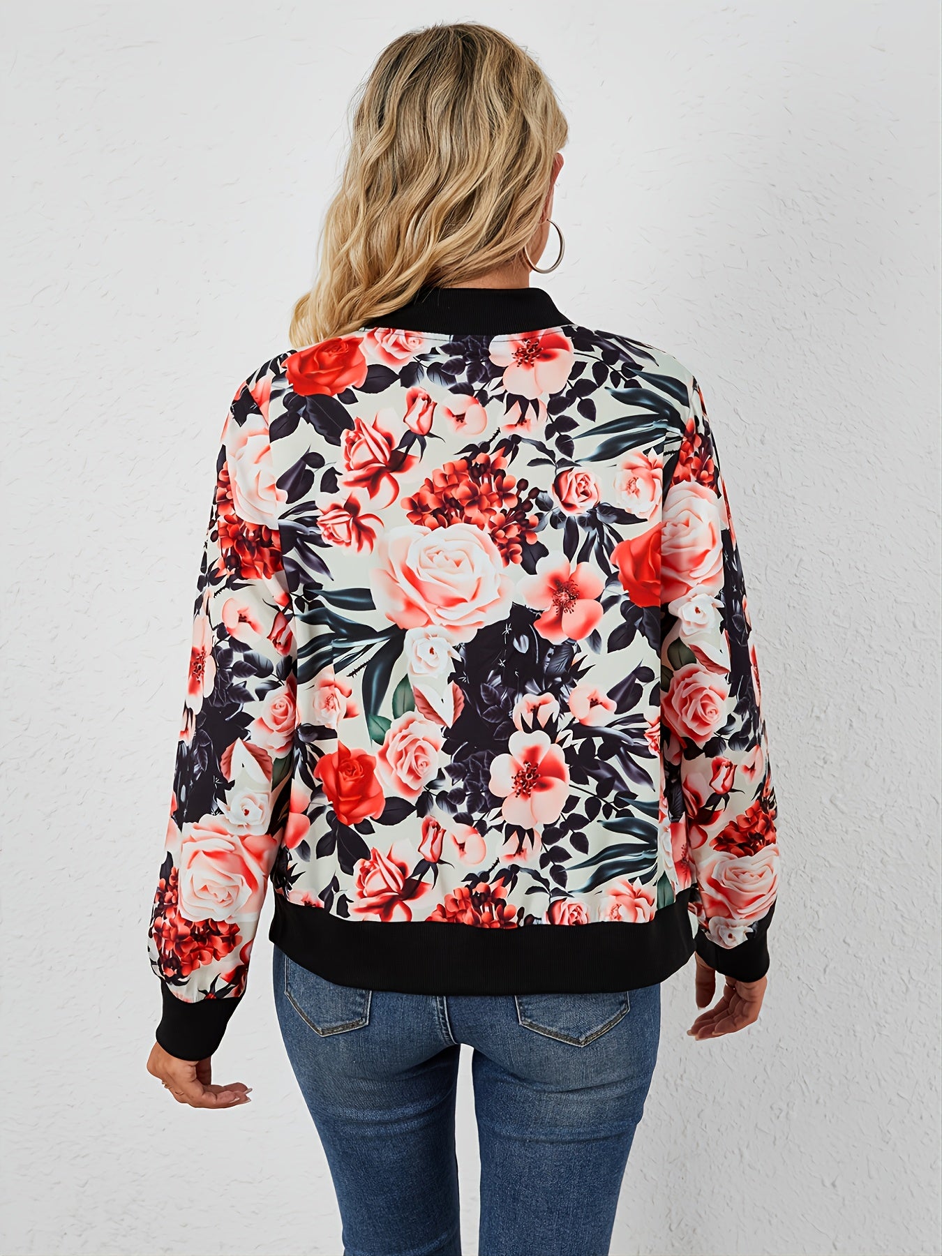 Vintage Floral Print Zipper Jacket Casual Long Sleeve Loose Outerwear