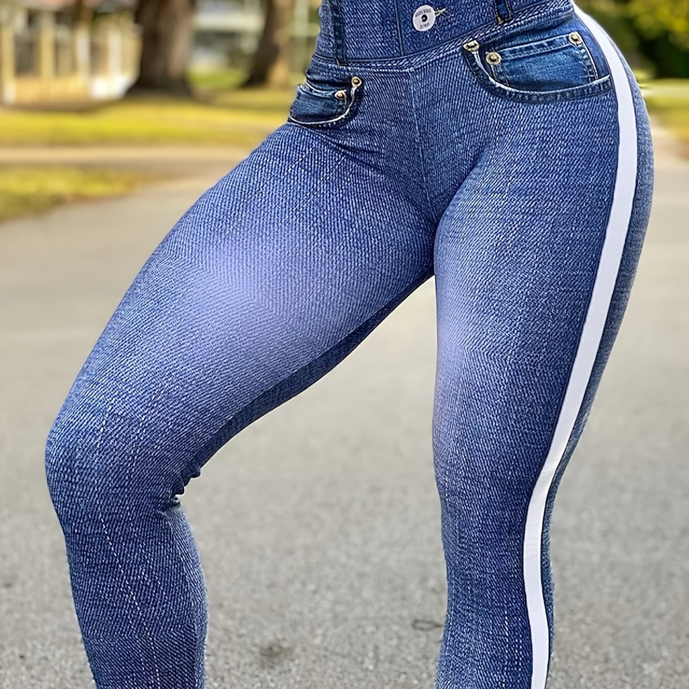 High Stretch Faux Denim Striped Leggings