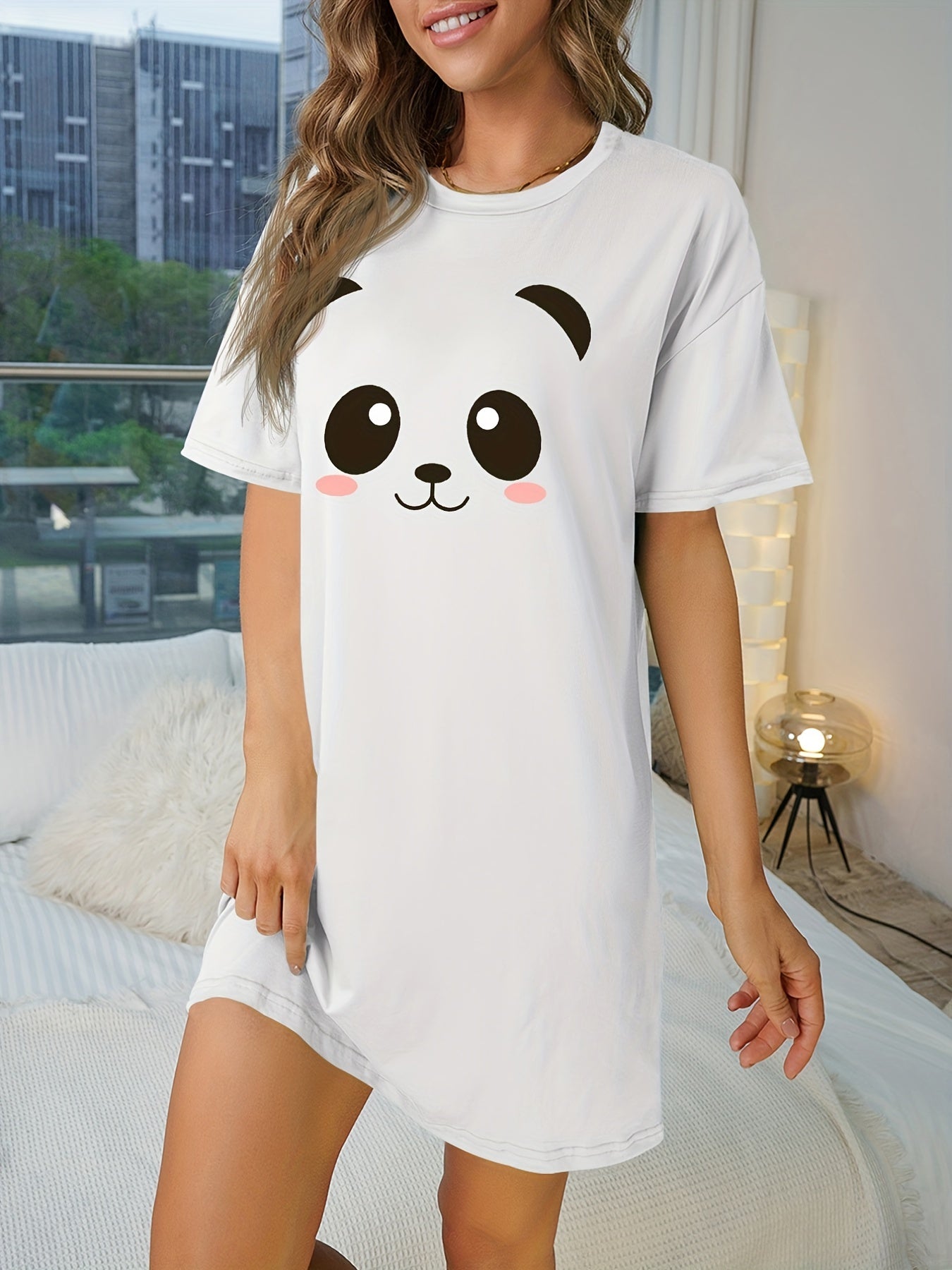 Panda Print Nightdress Short Sleeve Crew Neck Pajama Dress Women's Sleepwear