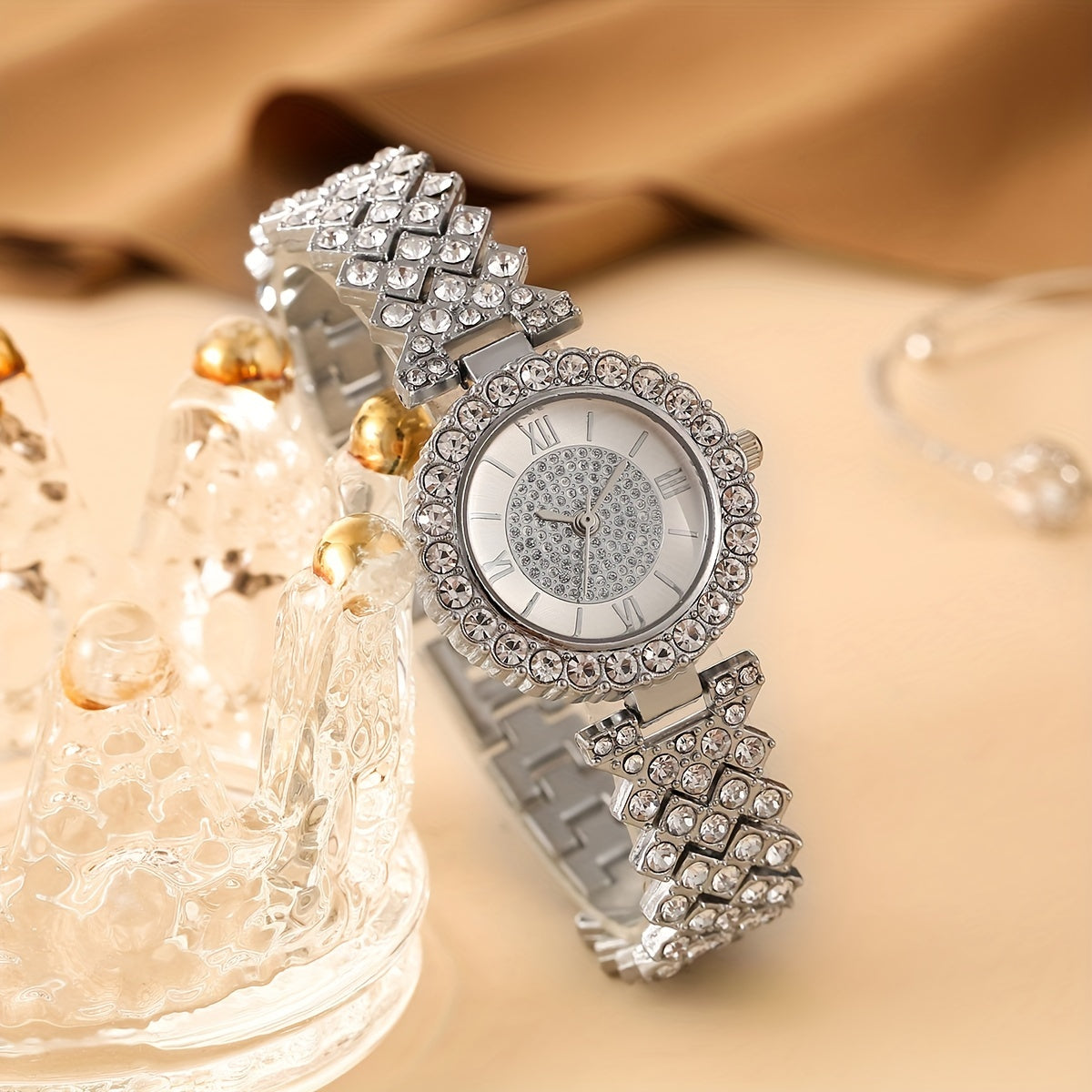Kids Rhinestone Watch & Jewelry Set, Roman Digital Analog, 5pcs