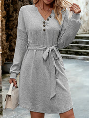 Heathered Long Sleeve V Neck Button Dress With Belt