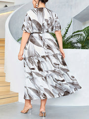 Plus Marble Print Butterfly Sleeve Smock Maxi Dress With Belt