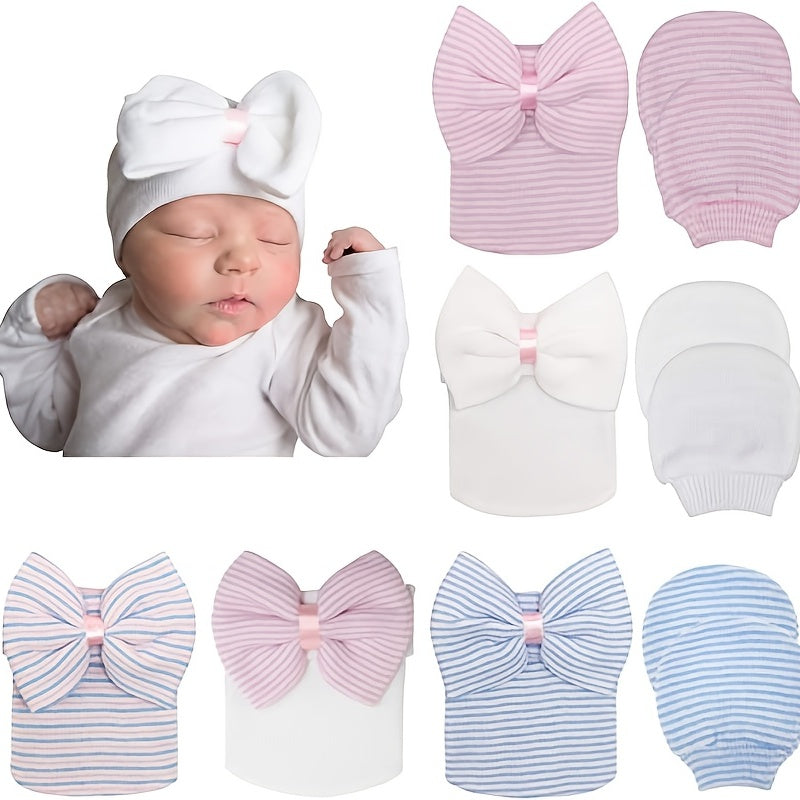 3 Sets Baby Girls Thermal Bow Cap & Mittens Set