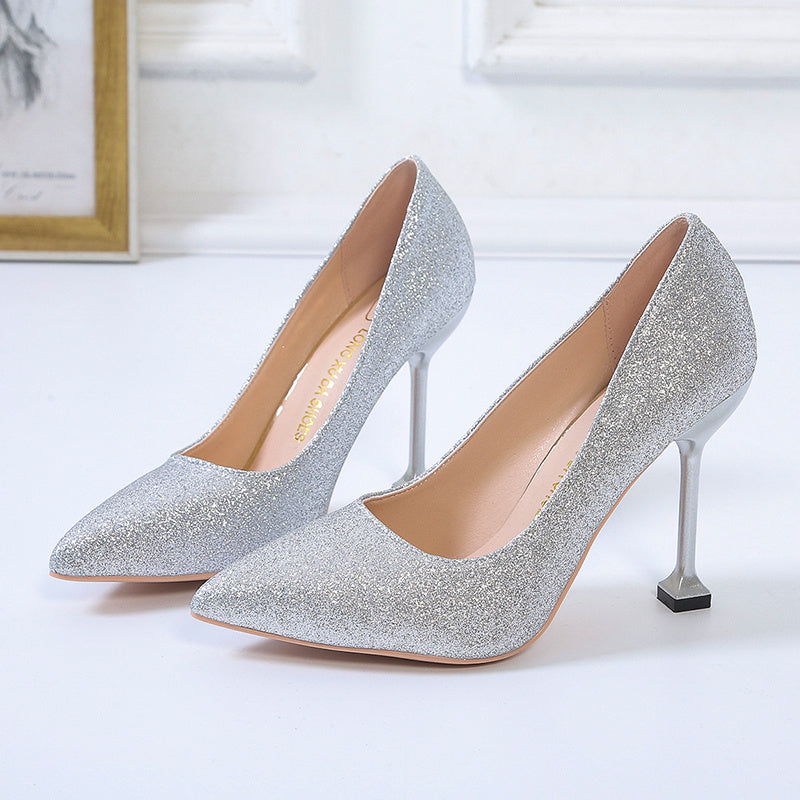 Glitter Stiletto Heels Pointed Toe Slip On Wedding Dress High Heels