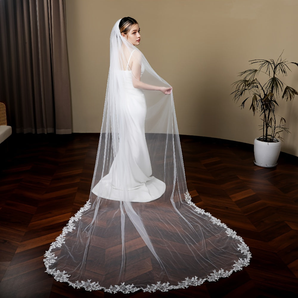 Bridal Veil with Floral Lace Trim and Flowing Train for Wedding