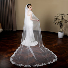 Bridal Veil with Floral Lace Trim and Flowing Train for Wedding