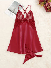 Lace Satin Slip Nightdress V Neck Criss Cross Back Sleep Dress