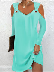 Solid Grommet Cold Shoulder Long Sleeve Dress
