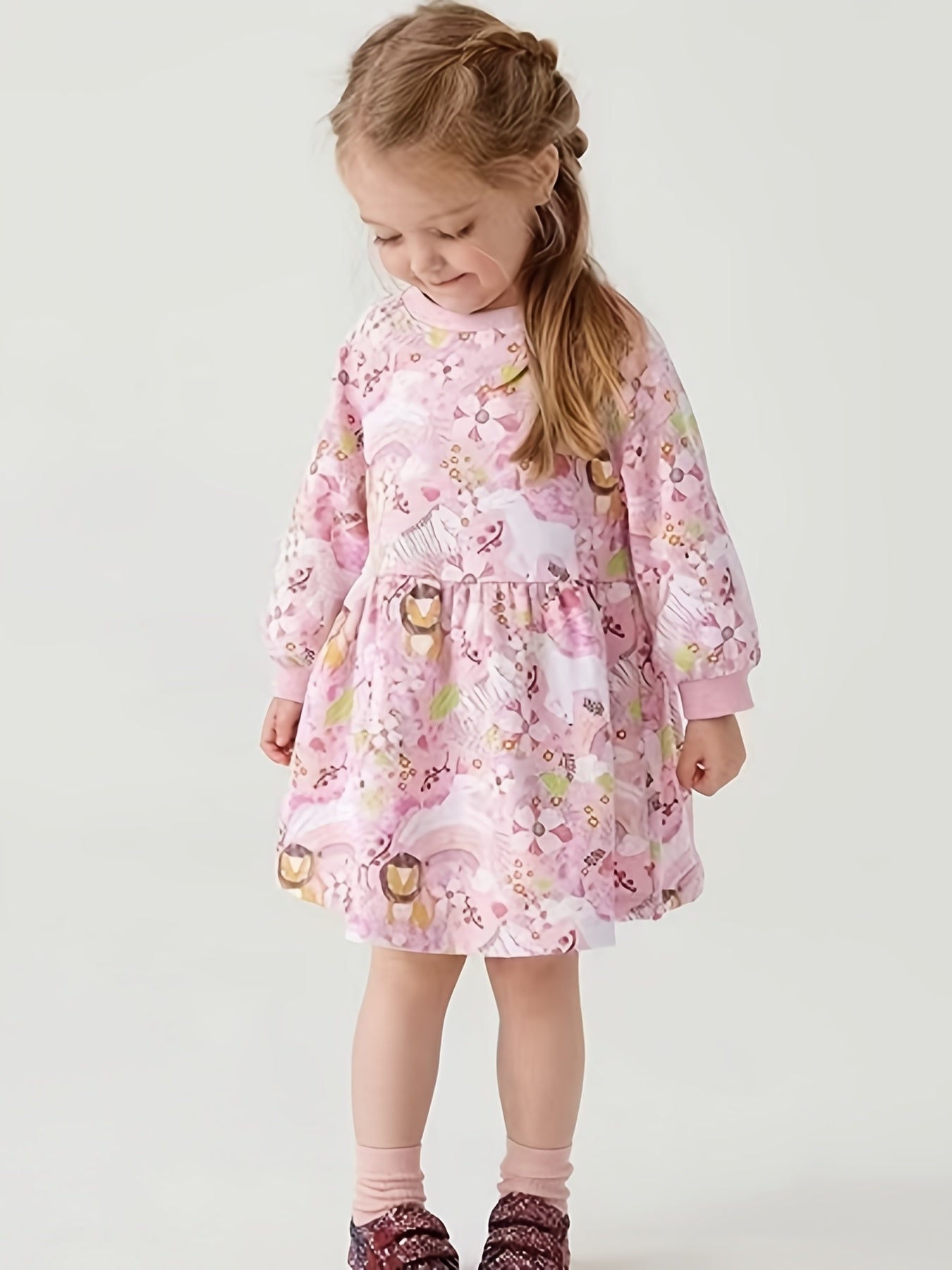 Girls Sweet Animal Graphic Long Sleeve Princess Dress
