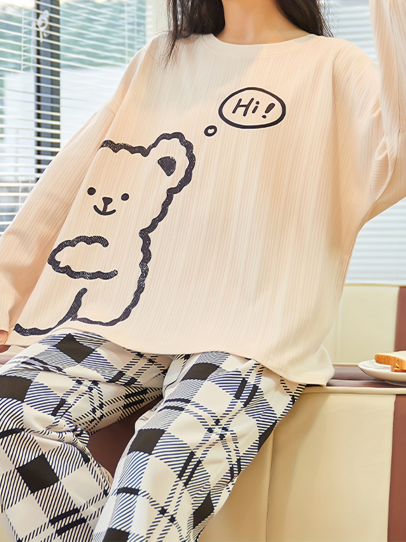 Bear Print Pajama Set Long Sleeve Top & Plaid Pants
