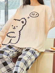 Bear Print Pajama Set Long Sleeve Top & Plaid Pants
