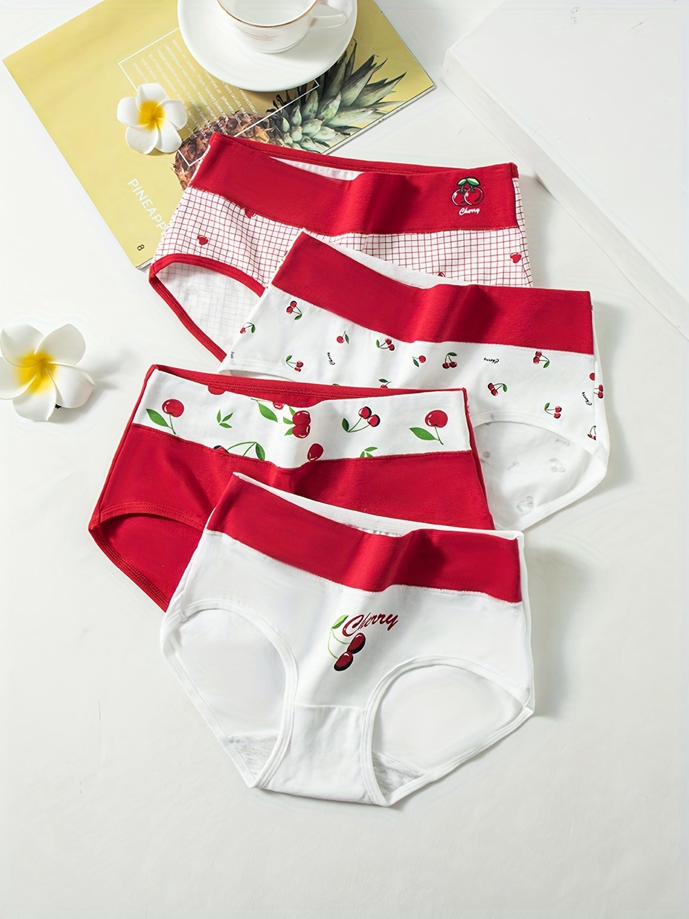4pcs Heart & Cherry Print Briefs Women's Lingerie & Underwear