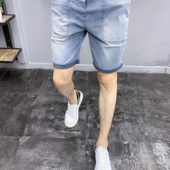 Cuffed Denim Shorts Men's Street Style Stretch Cotton Blend Shorts