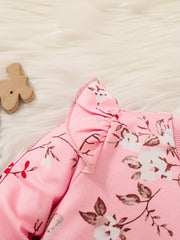 Baby Girls Fawn Floral Print Ribbed Flutter Sleeve Pullover Round Neck Tops